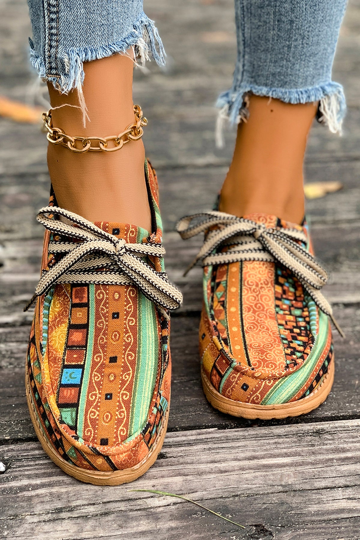 Mustard Artistic Print Lace-Up Loafers