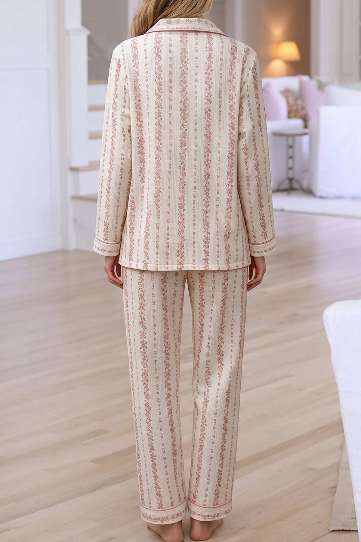 Pink Floral Print Long Sleeve Button Front Pajama Pant Set