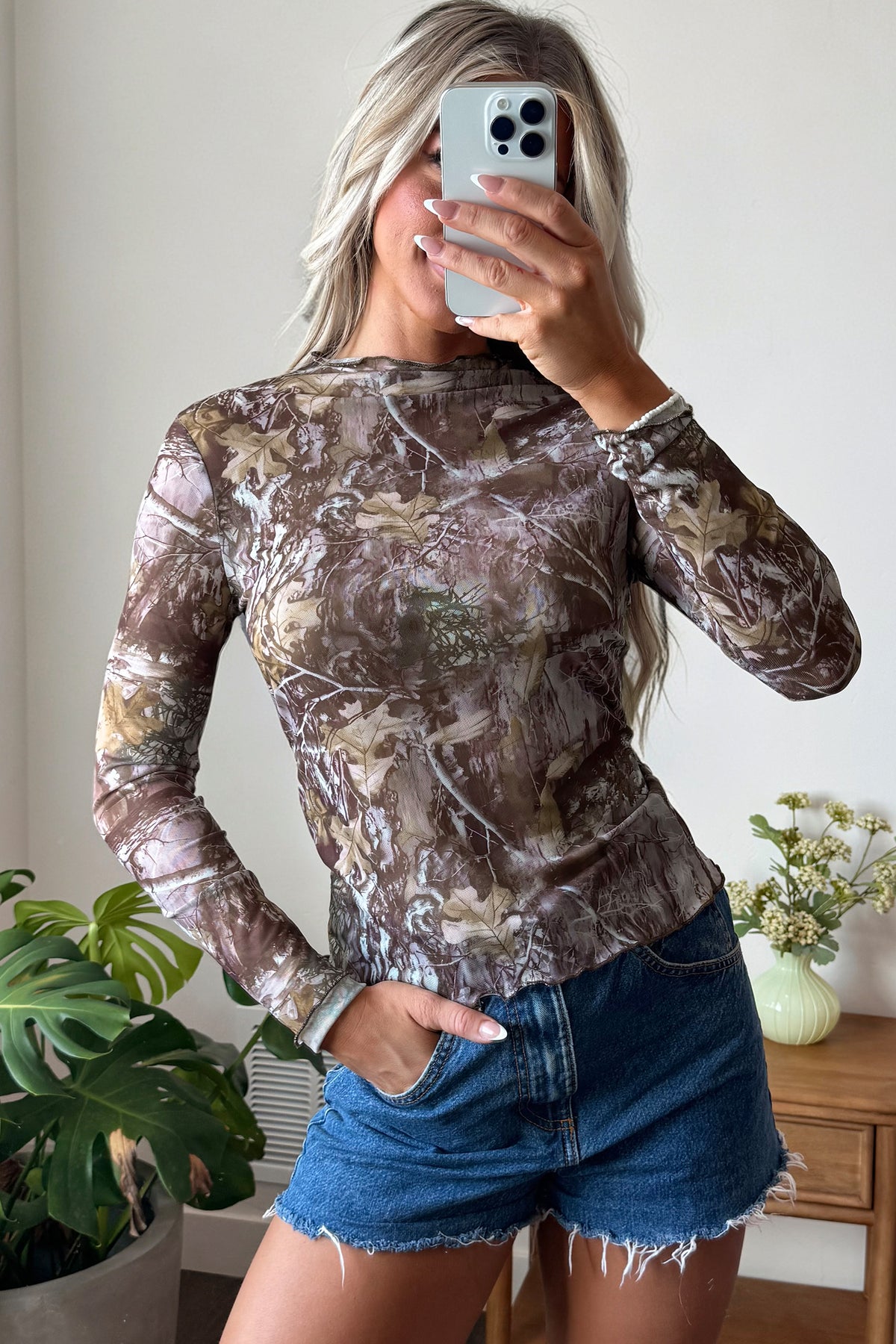Beige Floral Print Slim Fit Mesh Long Sleeve Mock Neck Top