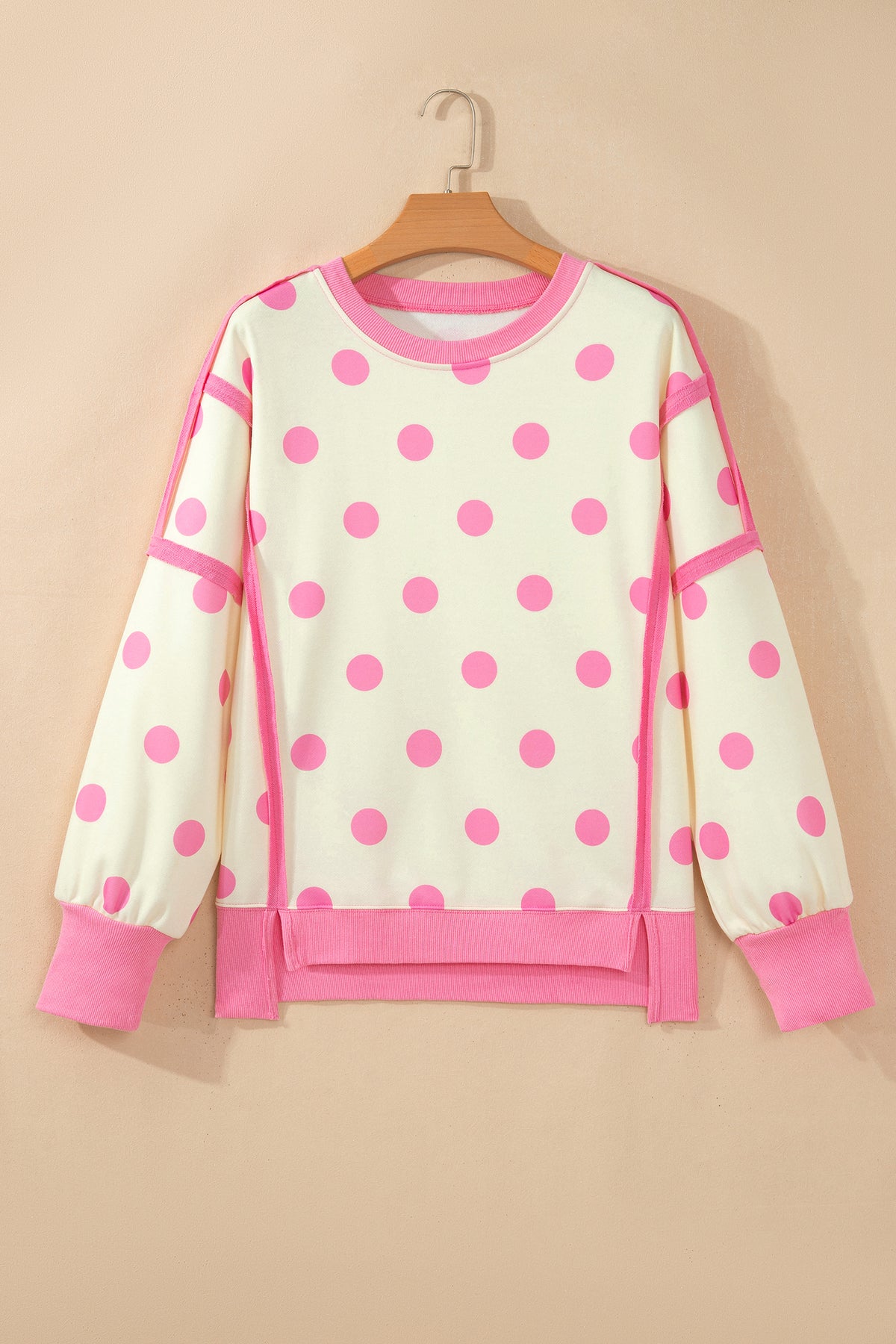 Blue Polka Dot Contrast Patchwork Round Neck Baggy Sweatshirt