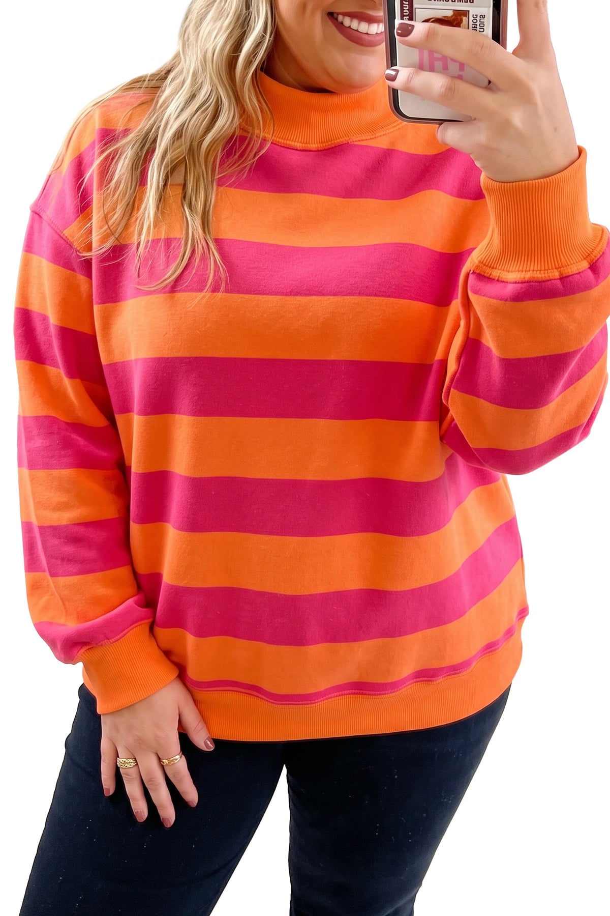 Blue Stripe Ribbed Trim Stand Neck Dropped Shoulder Plus Size Sweatshirt