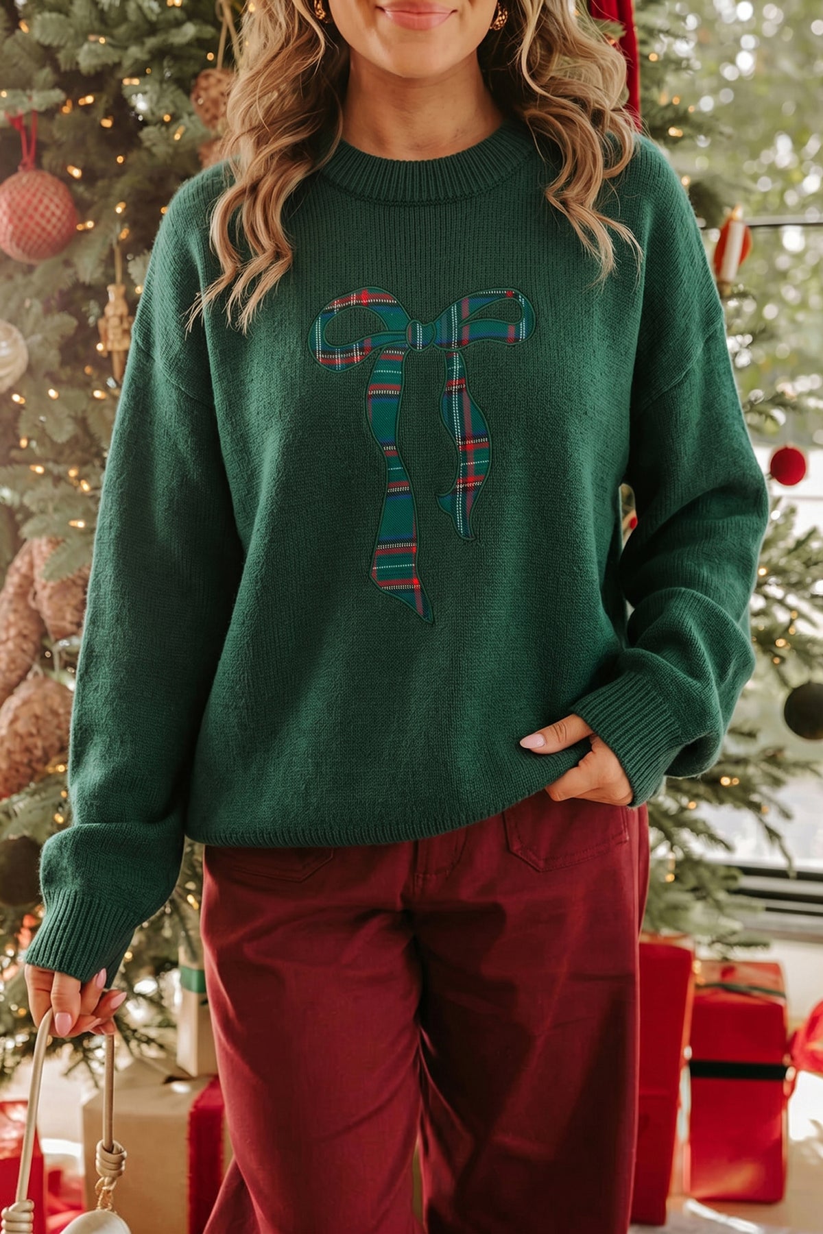 Plaid Bow Christmas Sweater