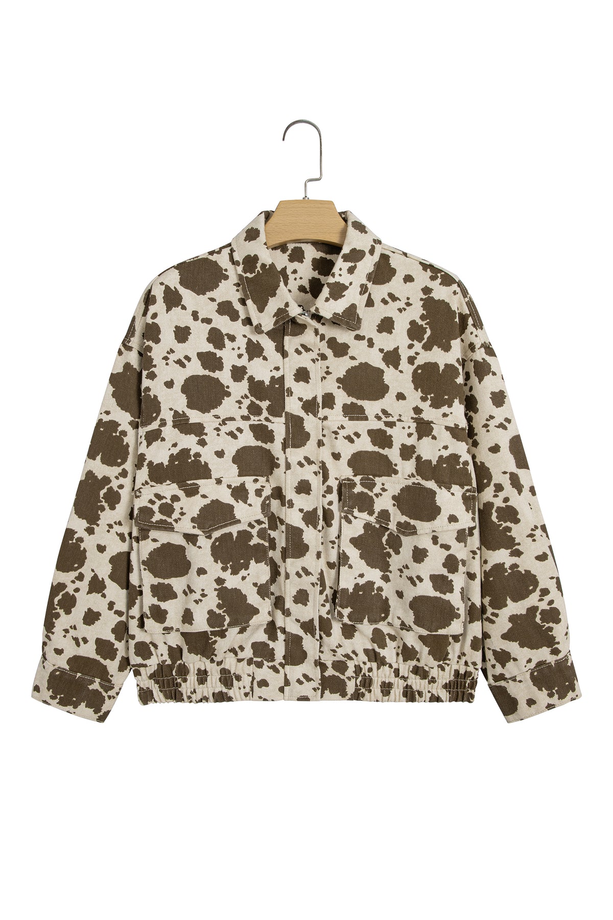 Brown Cow-Print Denim Jacket with Cargo Pockets