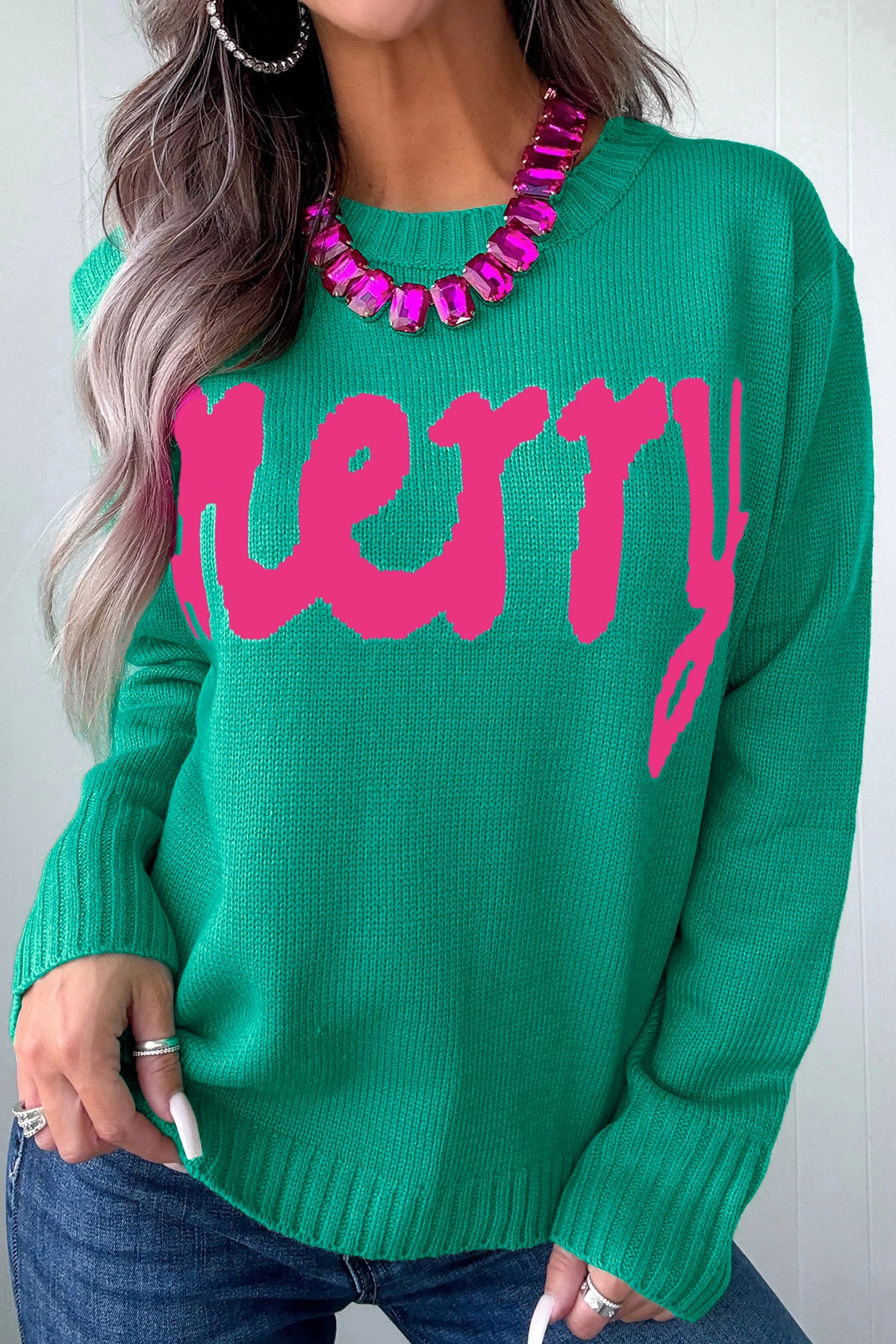 Merry Print Ribbed-Trim Sweater