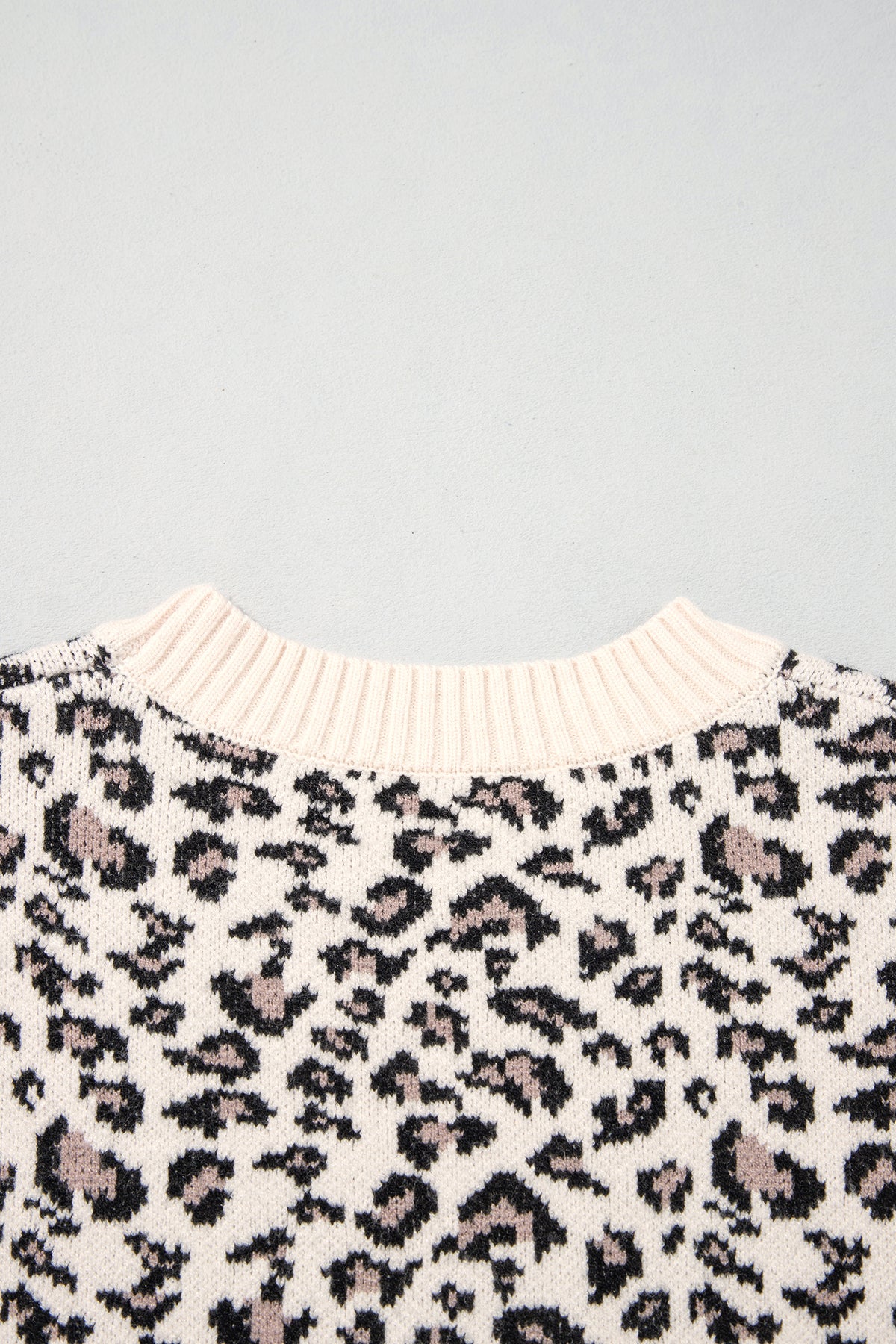 Beige Leopard Print Ribbed Color Block Trim Pullover Sweater