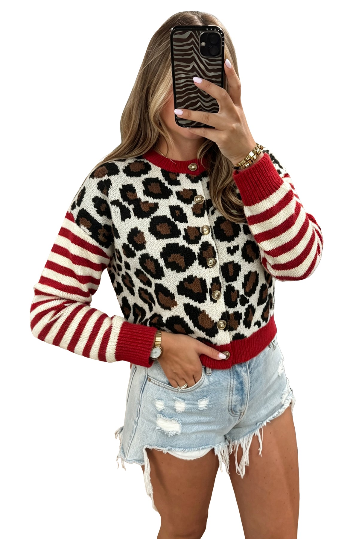 White Leopard & Striped Sleeve Button Cardigan