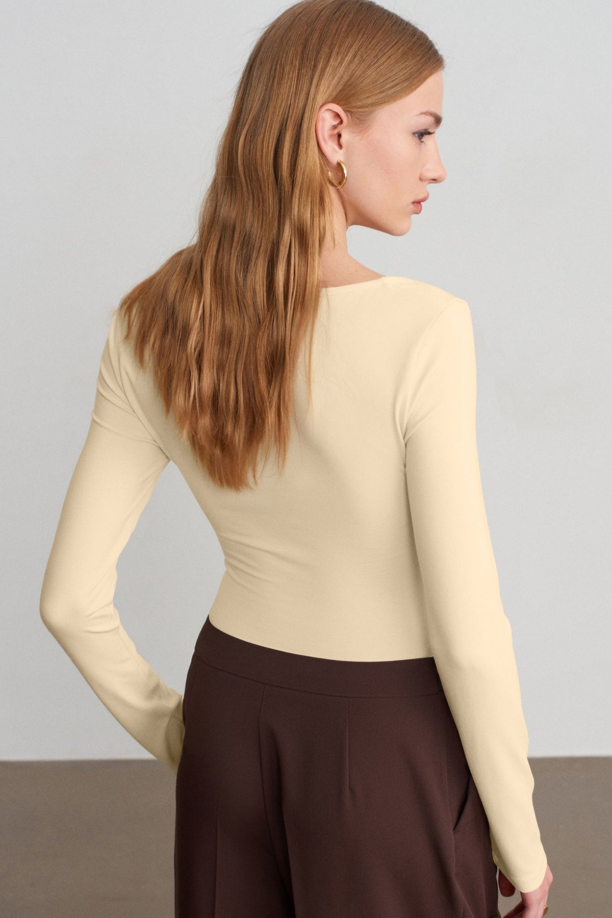 V-Neck Long-Sleeve Top with Built-In Bra