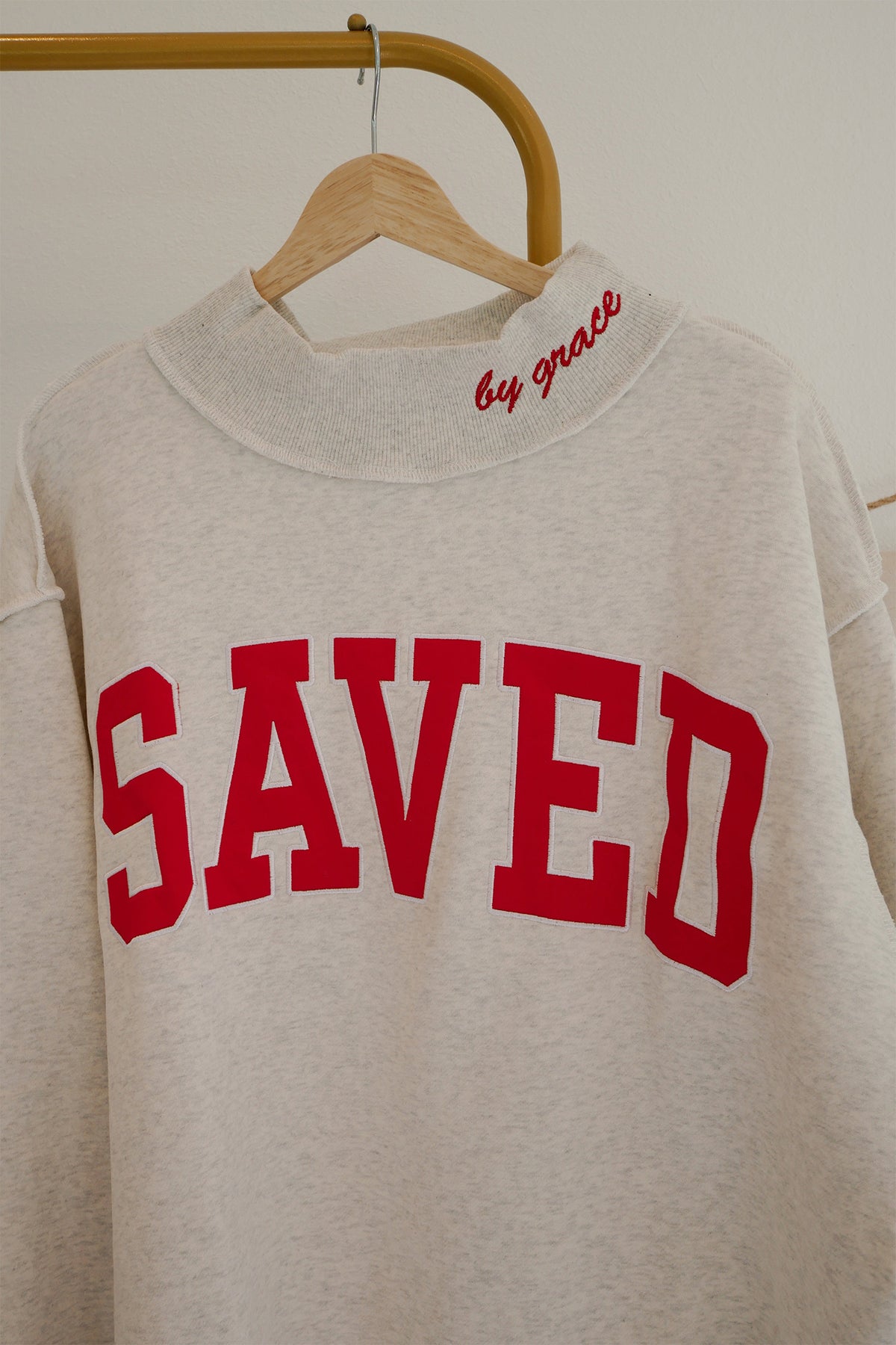 Fiery Red Saved By Grace Embroidered Detail Letter Graphic High Neck Sweatshirt