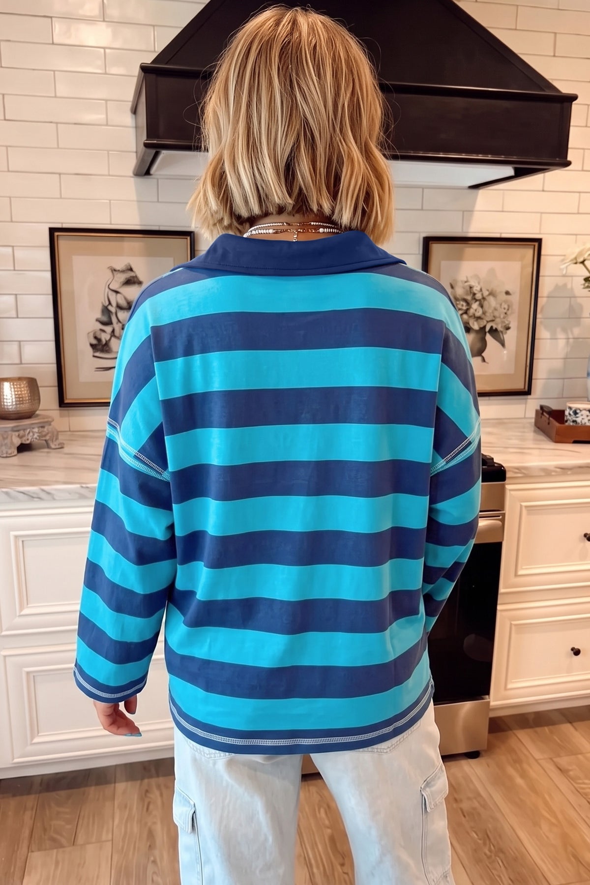 Blue Striped Colorblock Polo-Collar Top