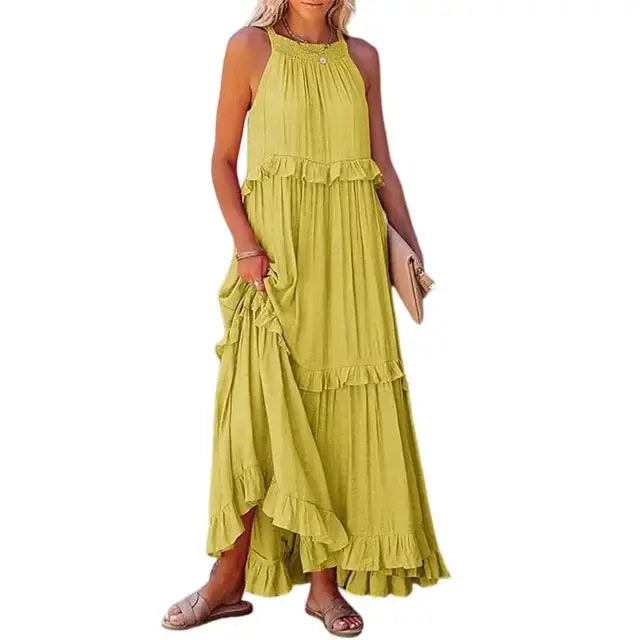 Fashion Summer Loose Long Dress Women Casual Elegant Ruffle Halter Sleeveless
