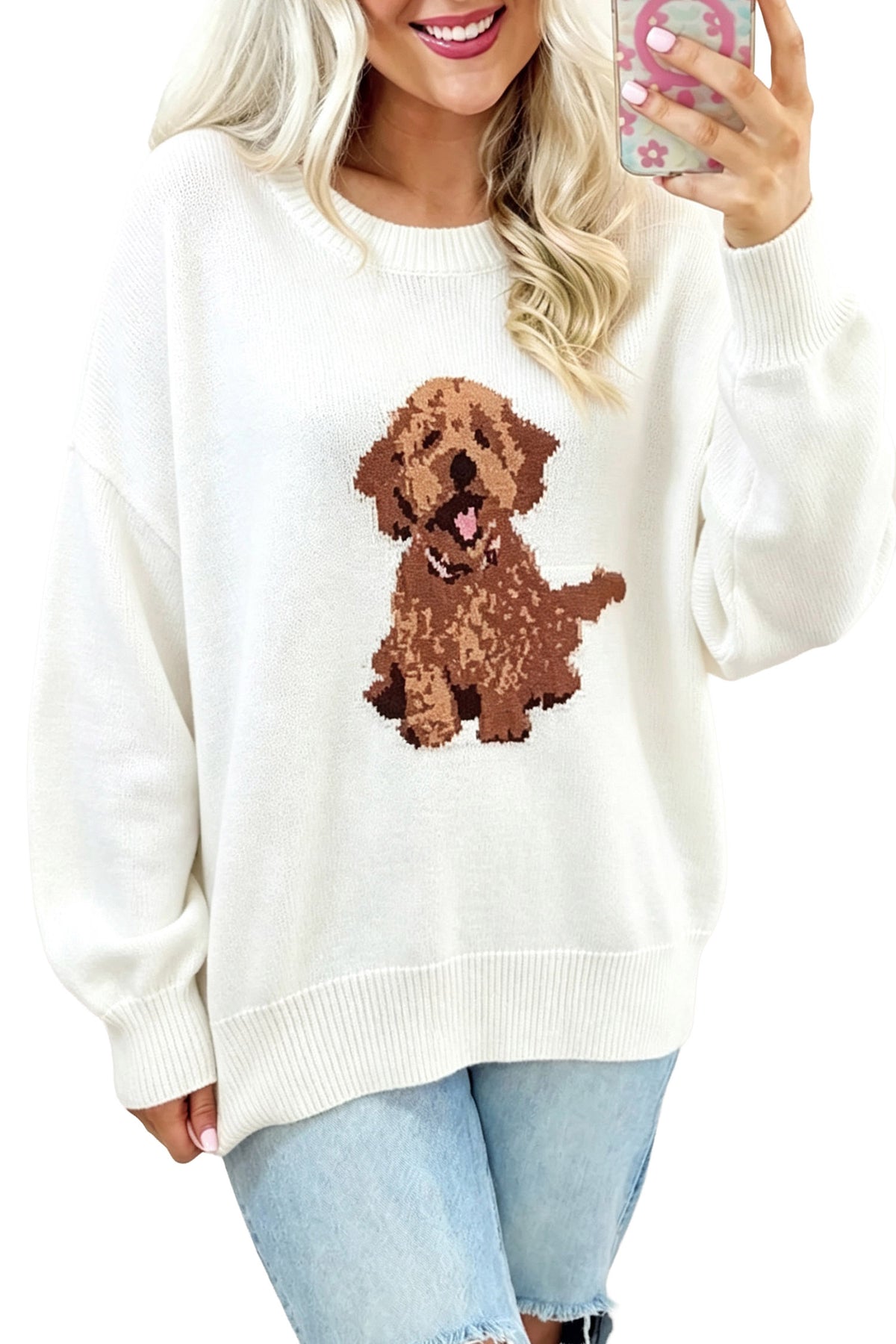White Cozy Dog Print Relaxed Sweater