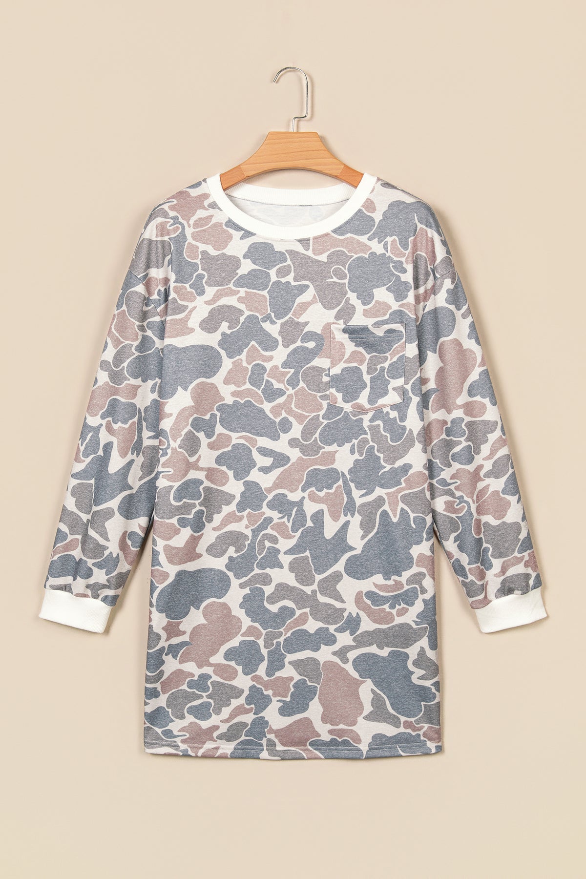 Beige Botanical Camo Print Long Sleeve Pocket Mini Dress