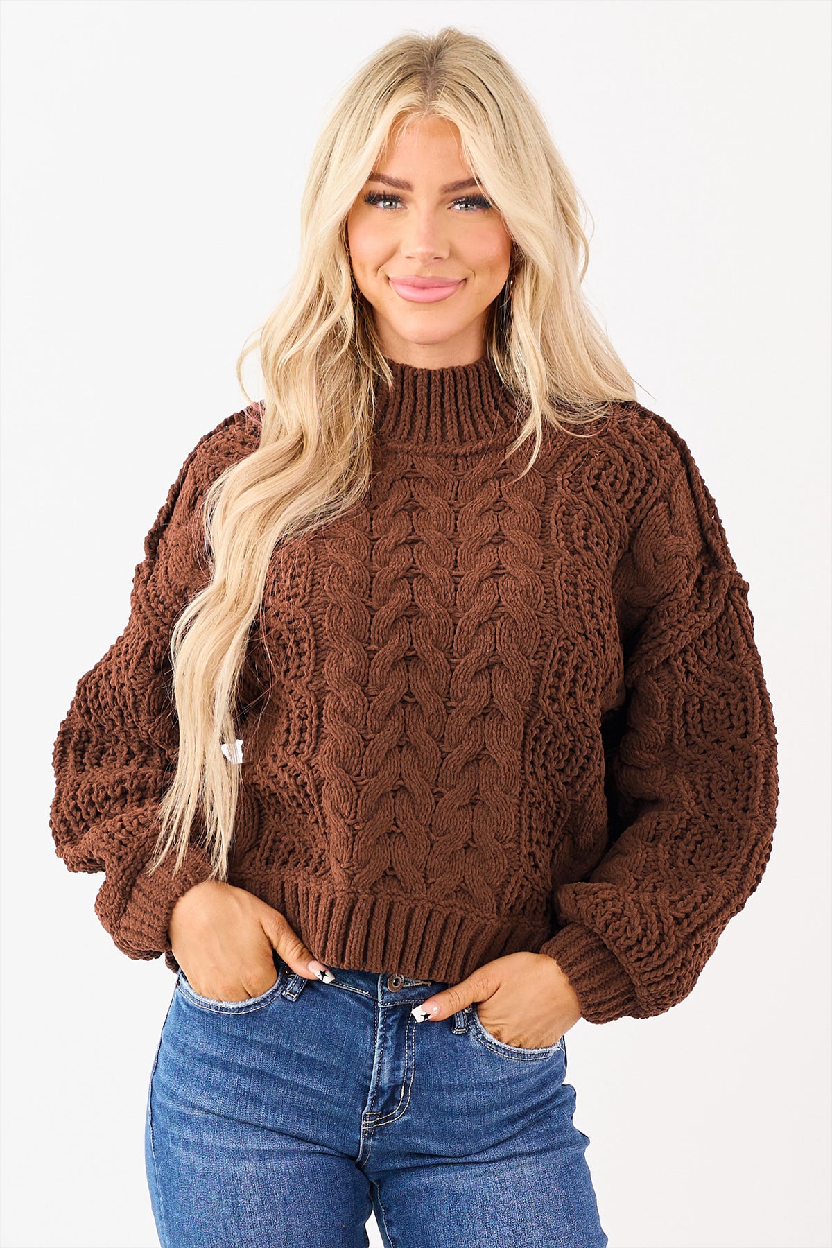 Solid Color Cable Knit High Neck Loose Pullover Sweater