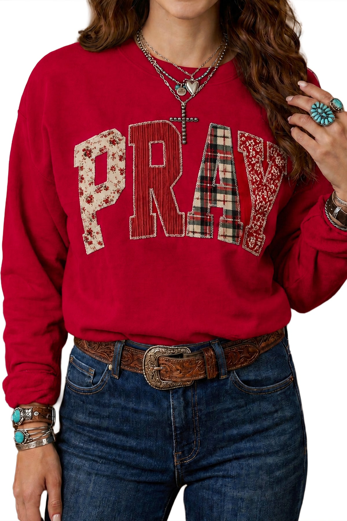 Parchment Floral Buffalo Plaid Striped Embroidered Patch Western Pullover Sweatshirt
