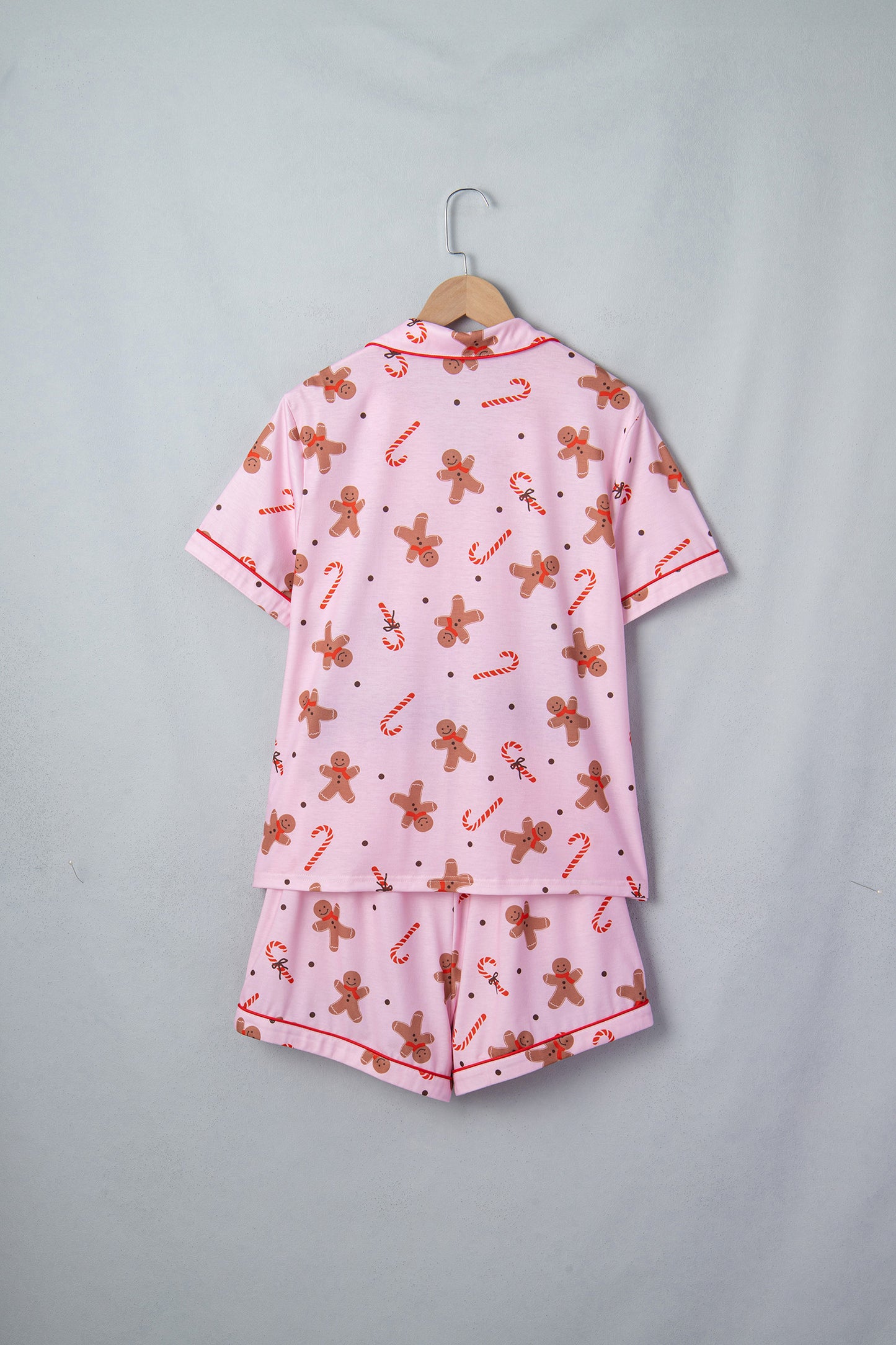 Pink Short Sleeve Placket Shell Button Elastic Waist Lounge Set
