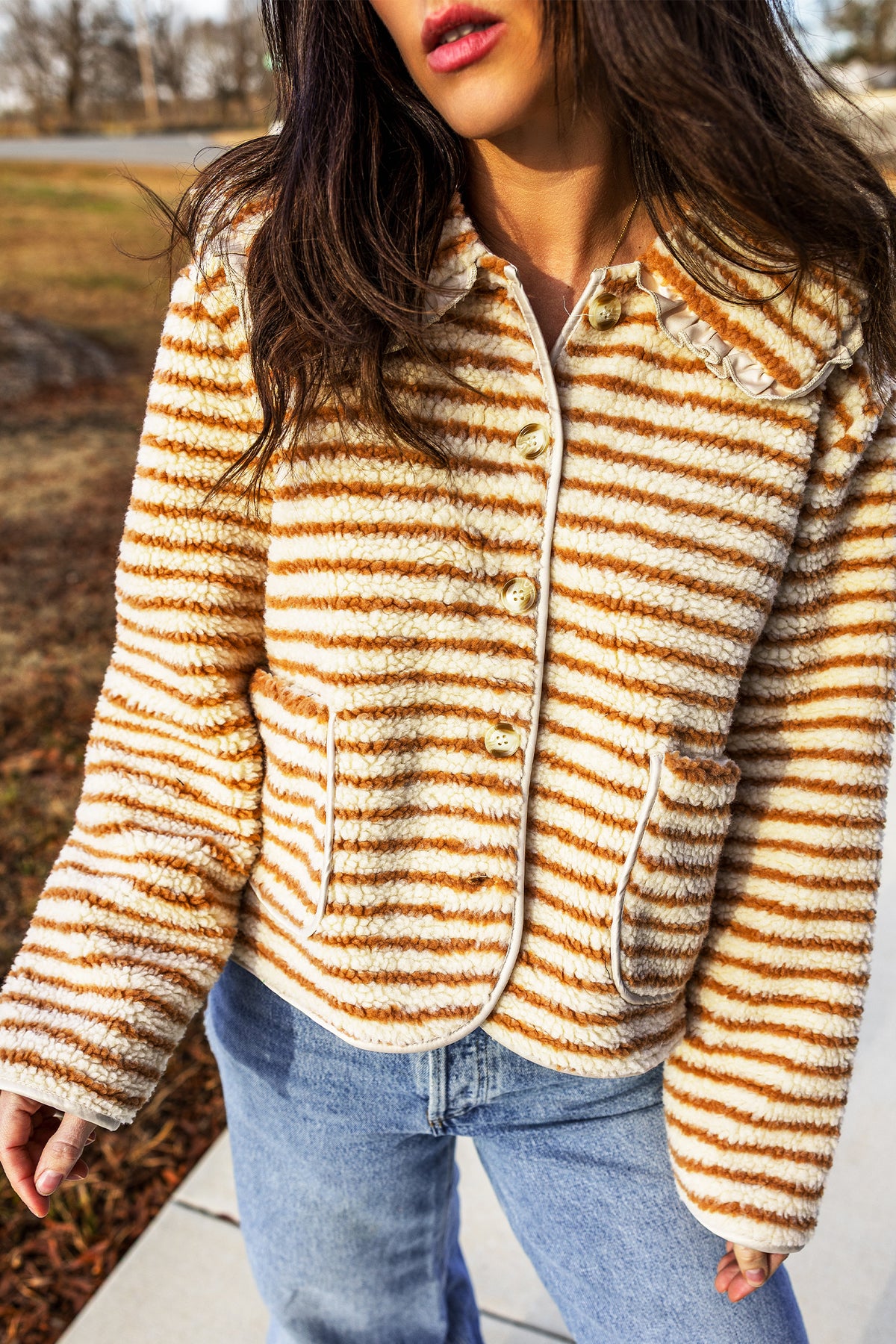 Brown Striped Fleece Jacket with Ruffled Collar