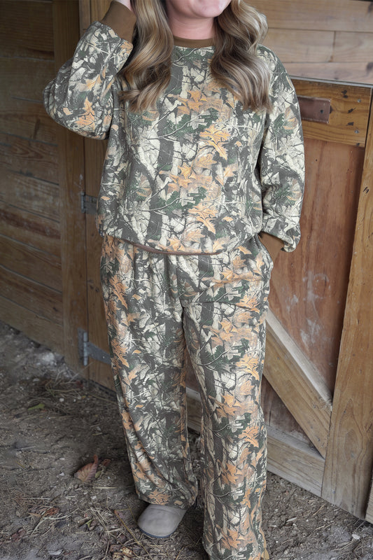 Camouflage Print Ribbed Trim Long Sleeve Top Plus Size Pant Set