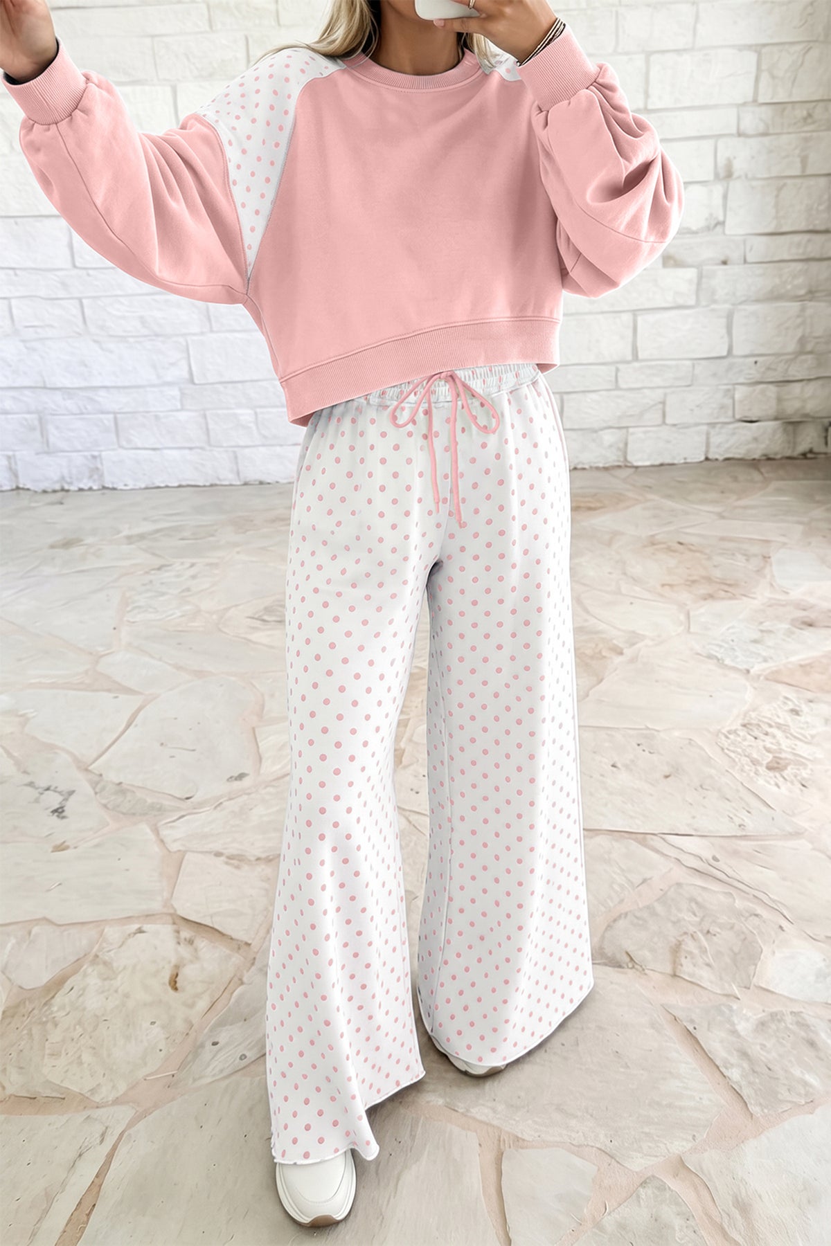 Green Polka Dot Patchwork Colorblock Long Sleeve Casual Two Piece Pants Set