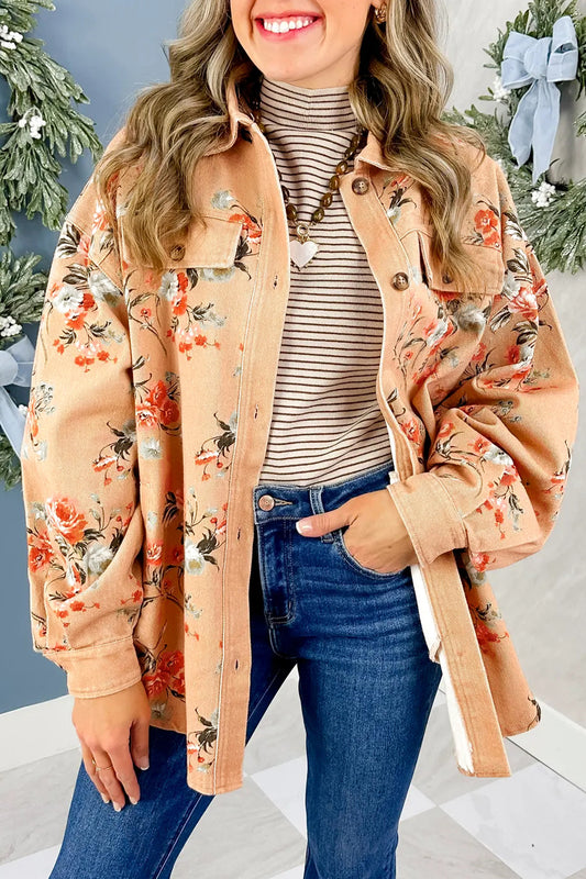 Khaki Floral Print Long Sleeve Denim Jacket