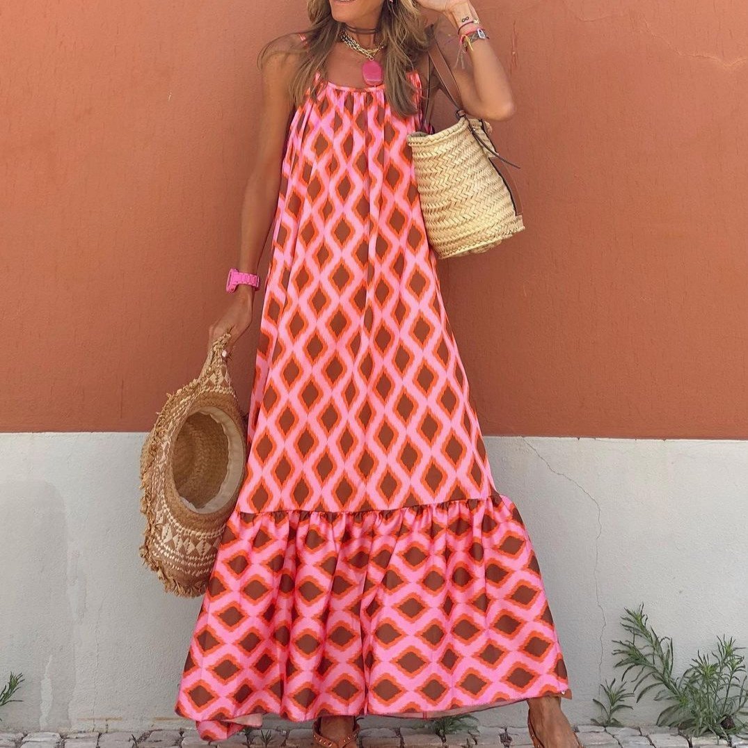 European And American New Strapless Round Neck Backless Retro Bohemian Dress