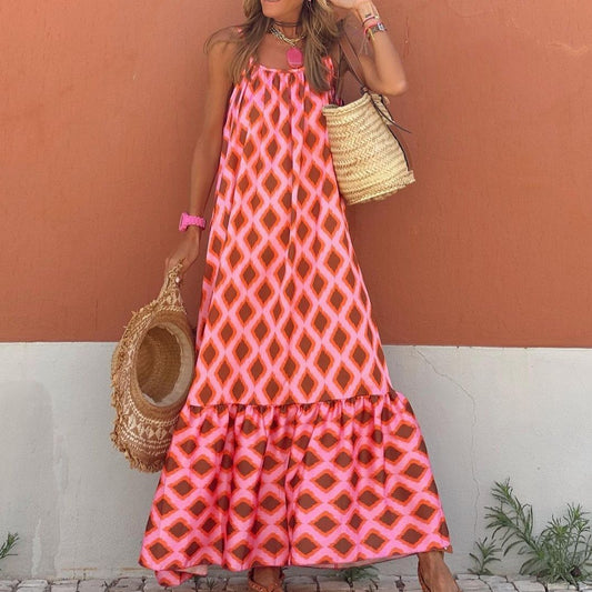 European And American New Strapless Round Neck Backless Retro Bohemian Dress