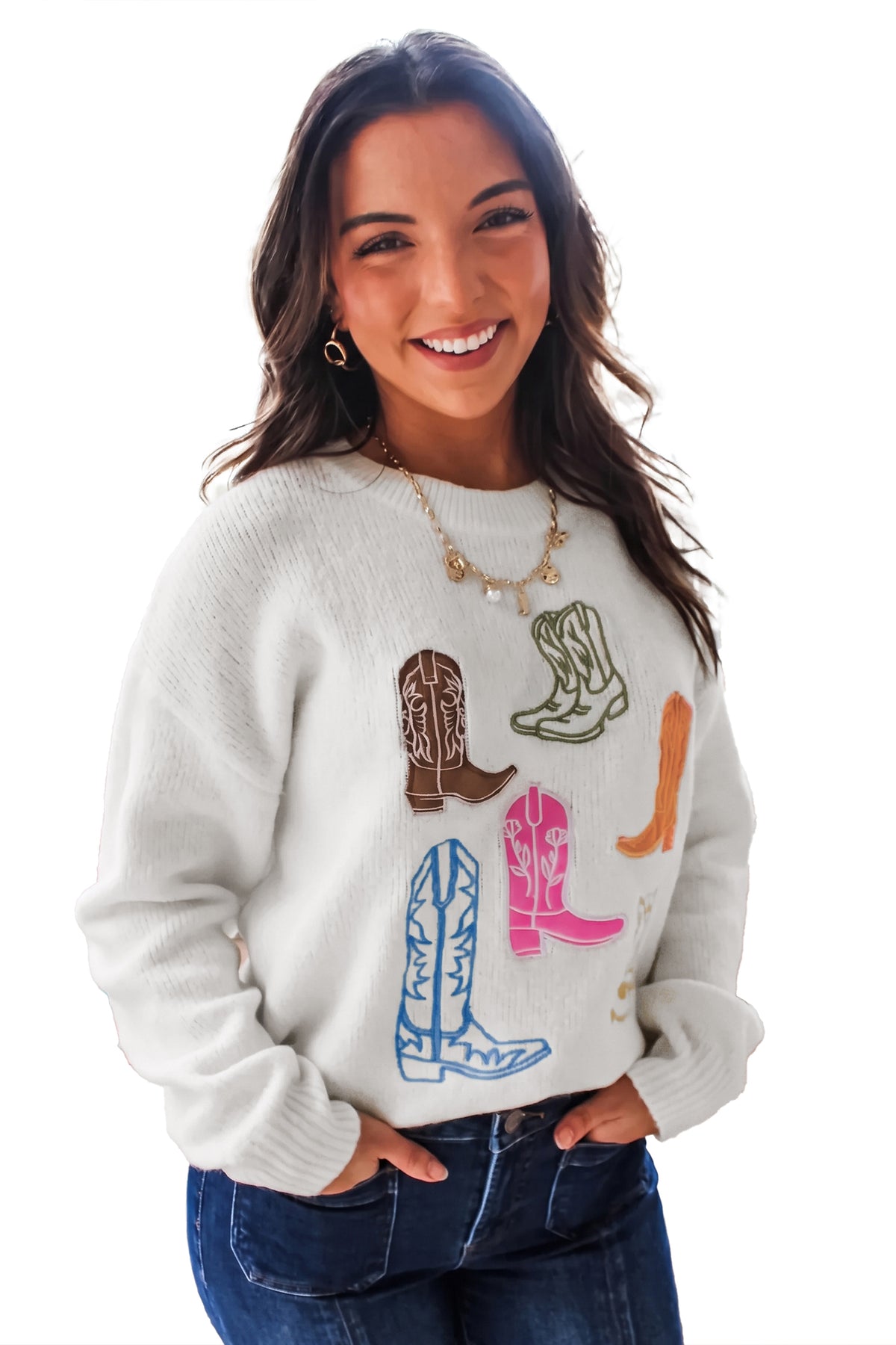 White Embroidered Cowboy Boots Sweater