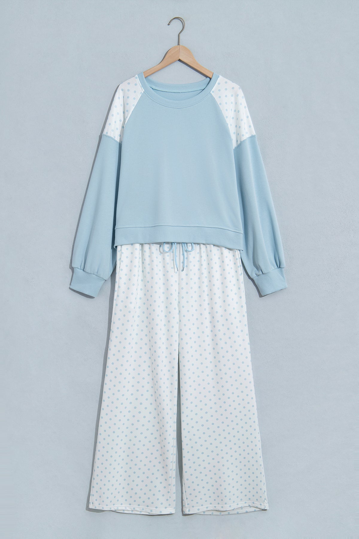 Green Polka Dot Patchwork Colorblock Long Sleeve Casual Two Piece Pants Set