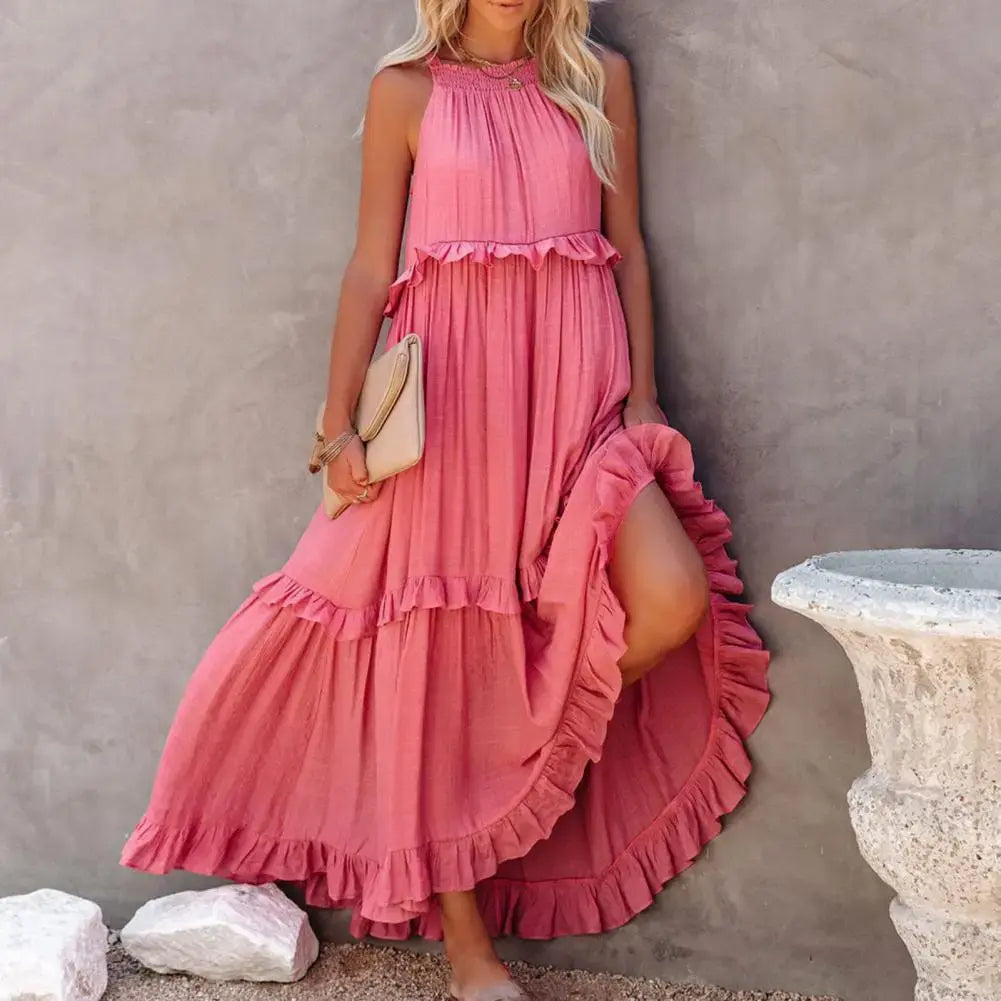 Fashion Summer Loose Long Dress Women Casual Elegant Ruffle Halter Sleeveless