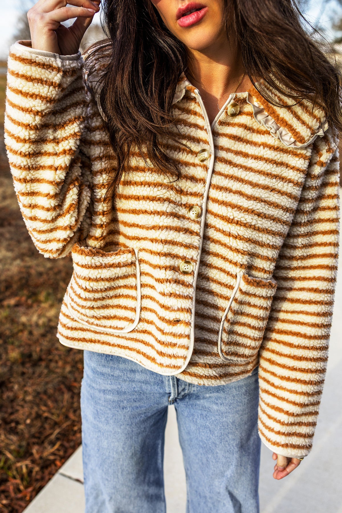 Brown Striped Fleece Jacket with Ruffled Collar