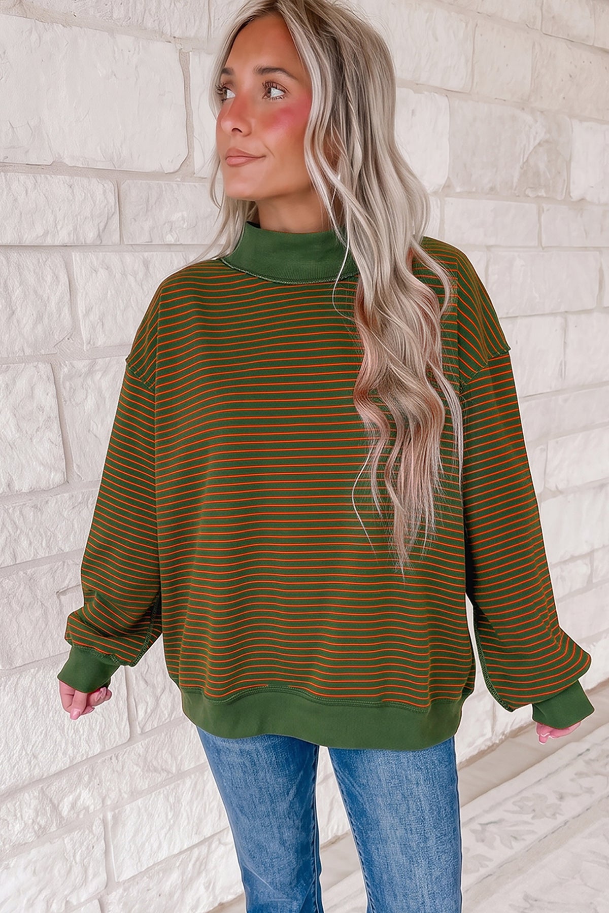 Striped Colorblock Mock-Neck Sweatshirt