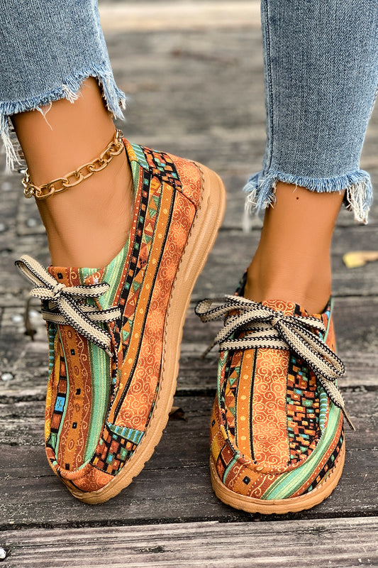 Mustard Artistic Print Lace-Up Loafers