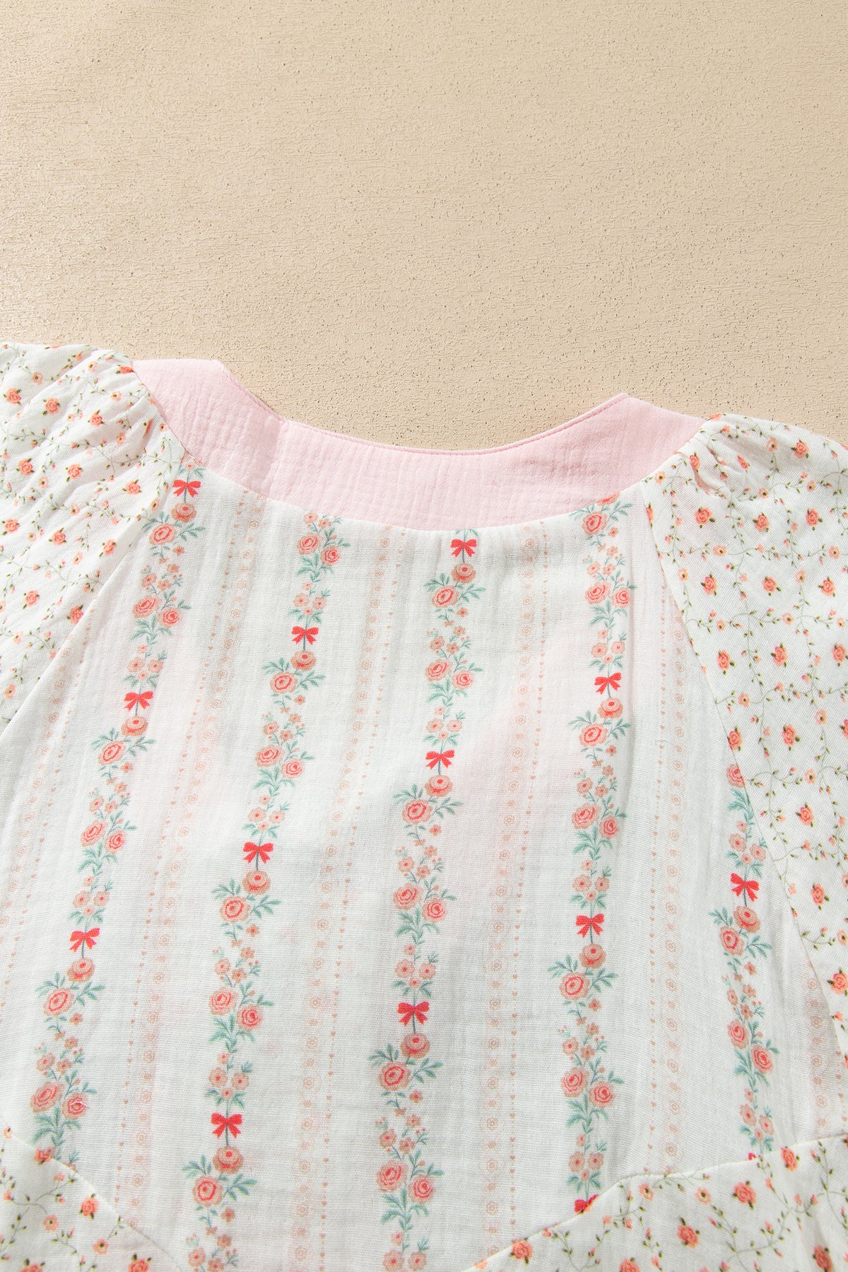 Beige Floral Print Color Block Trim Lace-up V Neck Long Sleeve Blouse