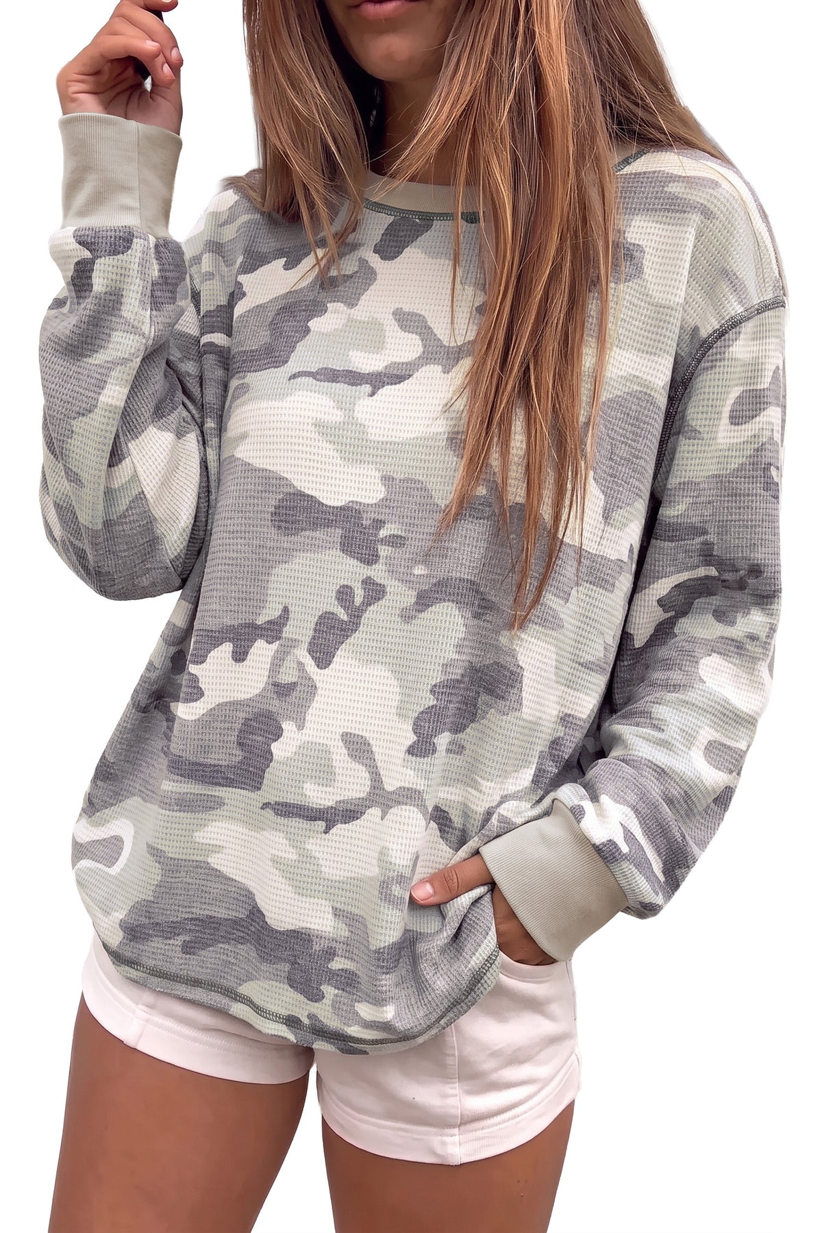 Multicolor Western Camo Waffle-Knit Top