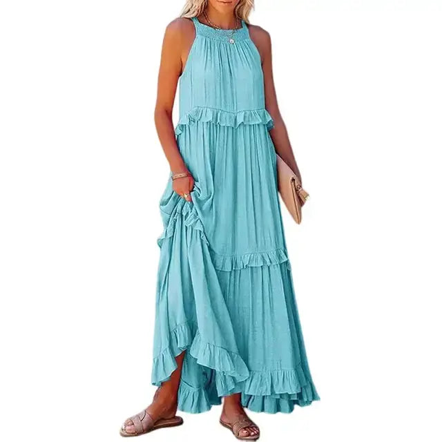 Fashion Summer Loose Long Dress Women Casual Elegant Ruffle Halter Sleeveless