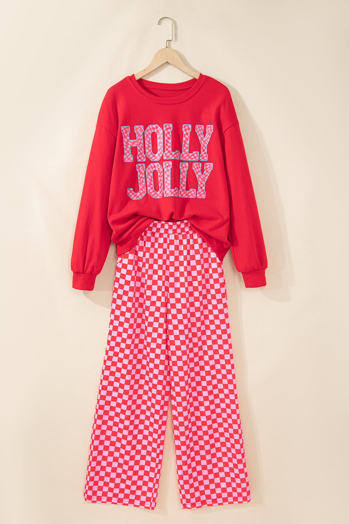 Christmas Slogan Graphic Plaid Two-piece Pant Set
