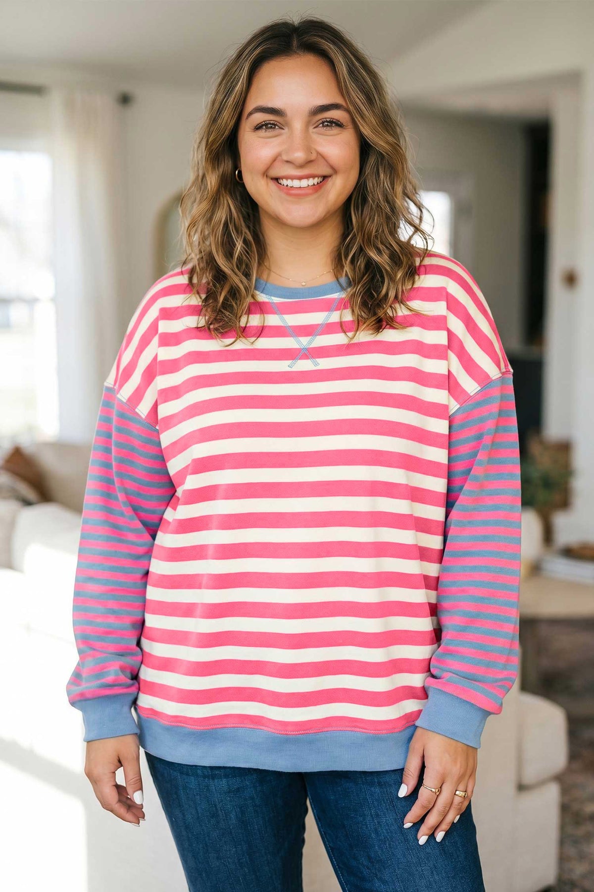 Pink Striped Plus-Size Sweatshirt
