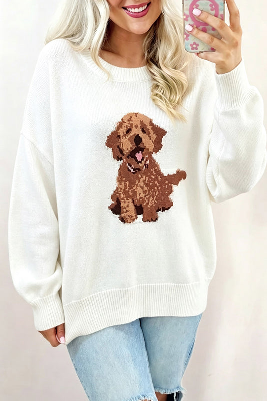 White Cozy Dog Print Relaxed Sweater