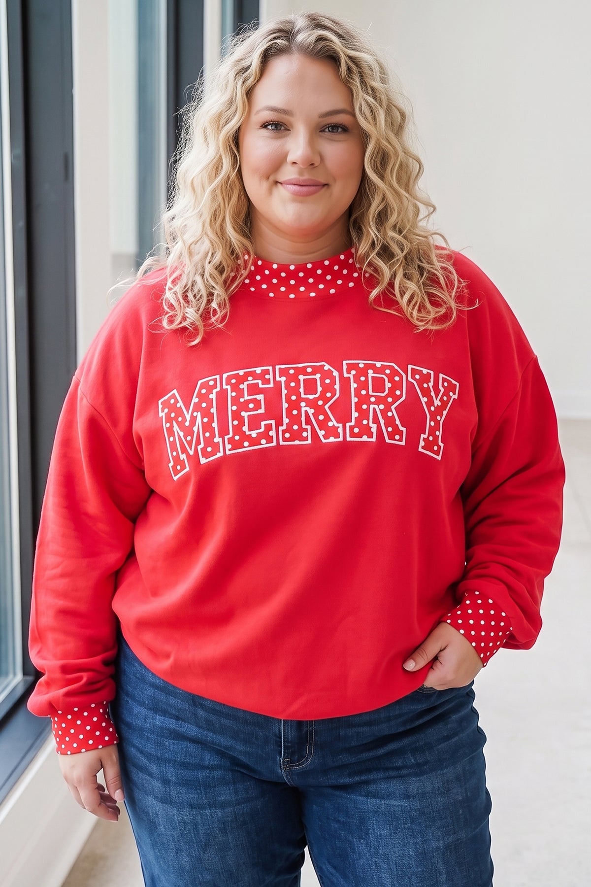 Fiery Red Casual Polka Dot Patchwork Letter Graphic Plus Size Sweatshirt