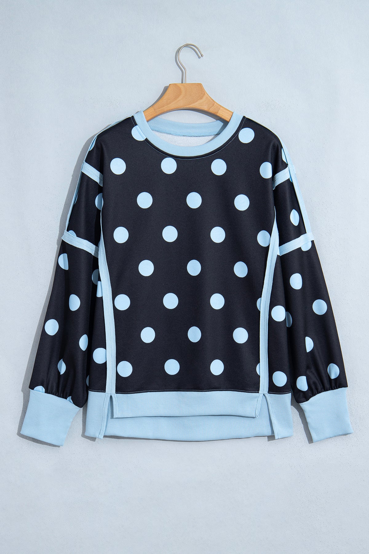Blue Polka Dot Contrast Patchwork Round Neck Baggy Sweatshirt