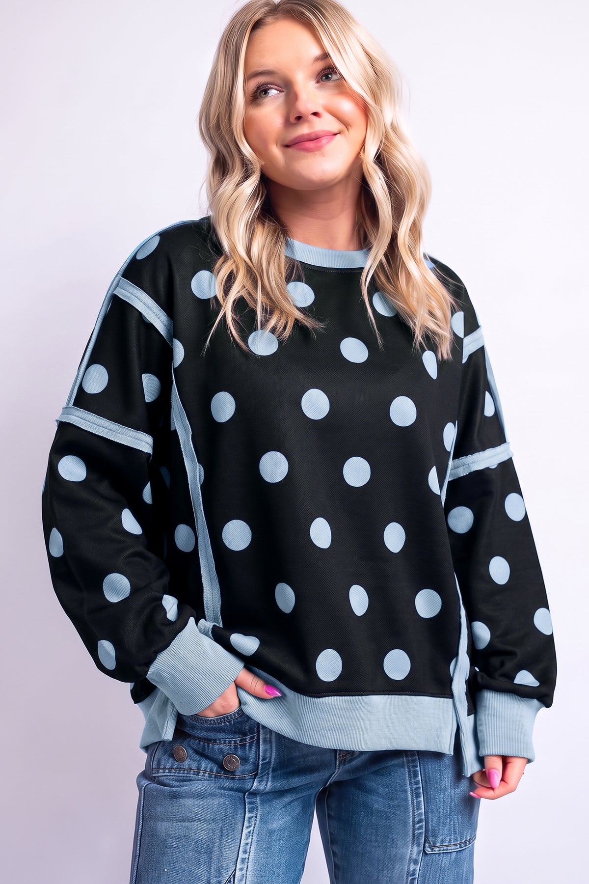 Blue Polka Dot Contrast Patchwork Round Neck Baggy Sweatshirt