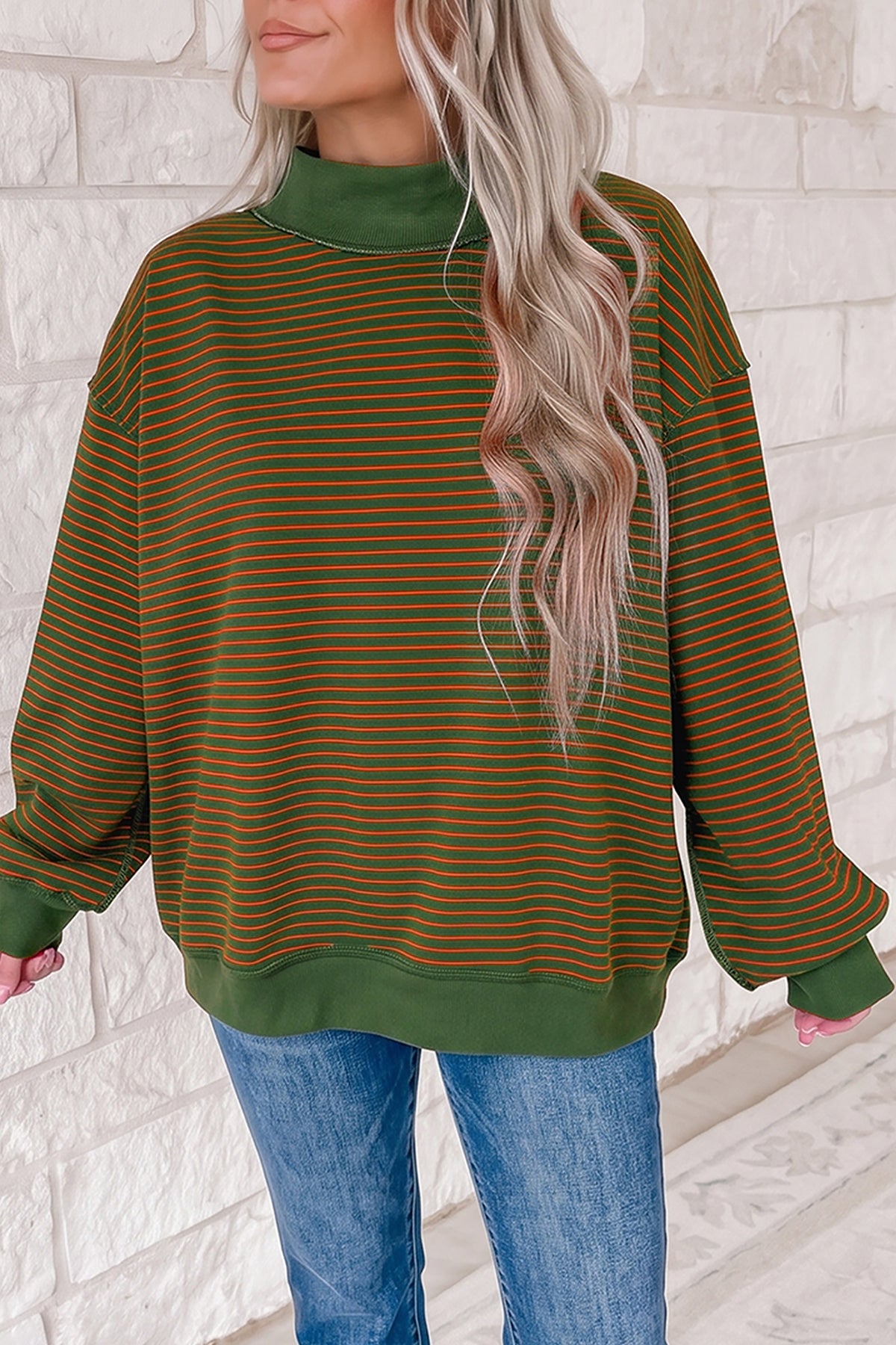 Striped Colorblock Mock-Neck Sweatshirt