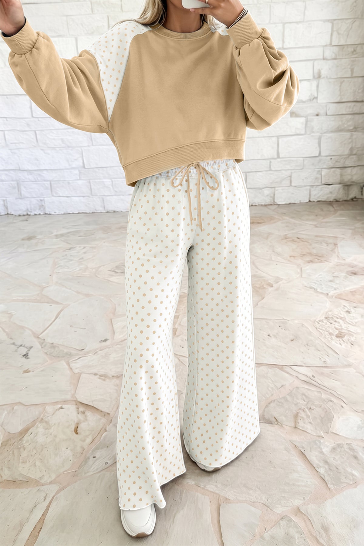 Green Polka Dot Patchwork Colorblock Long Sleeve Casual Two Piece Pants Set