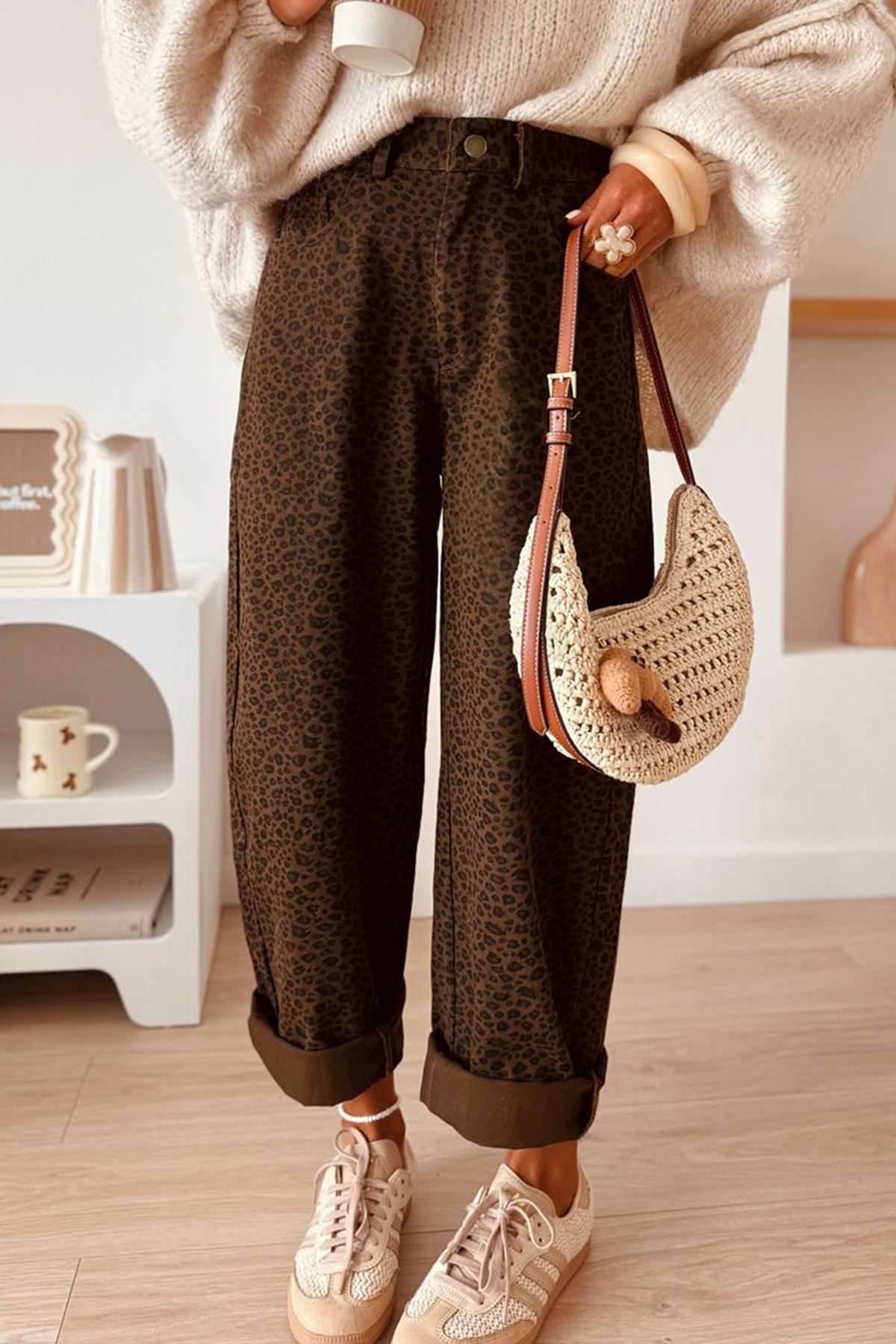 Brown Casual Leopard Print Full-Length Regular Fit Jeans