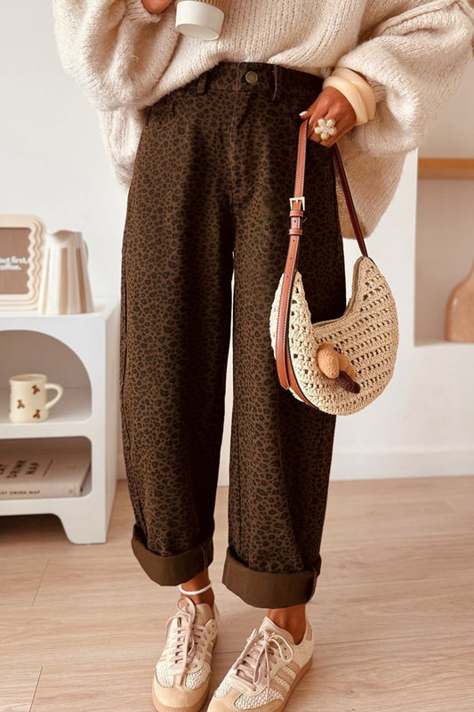 Brown Casual Leopard Print Full-Length Regular Fit Jeans