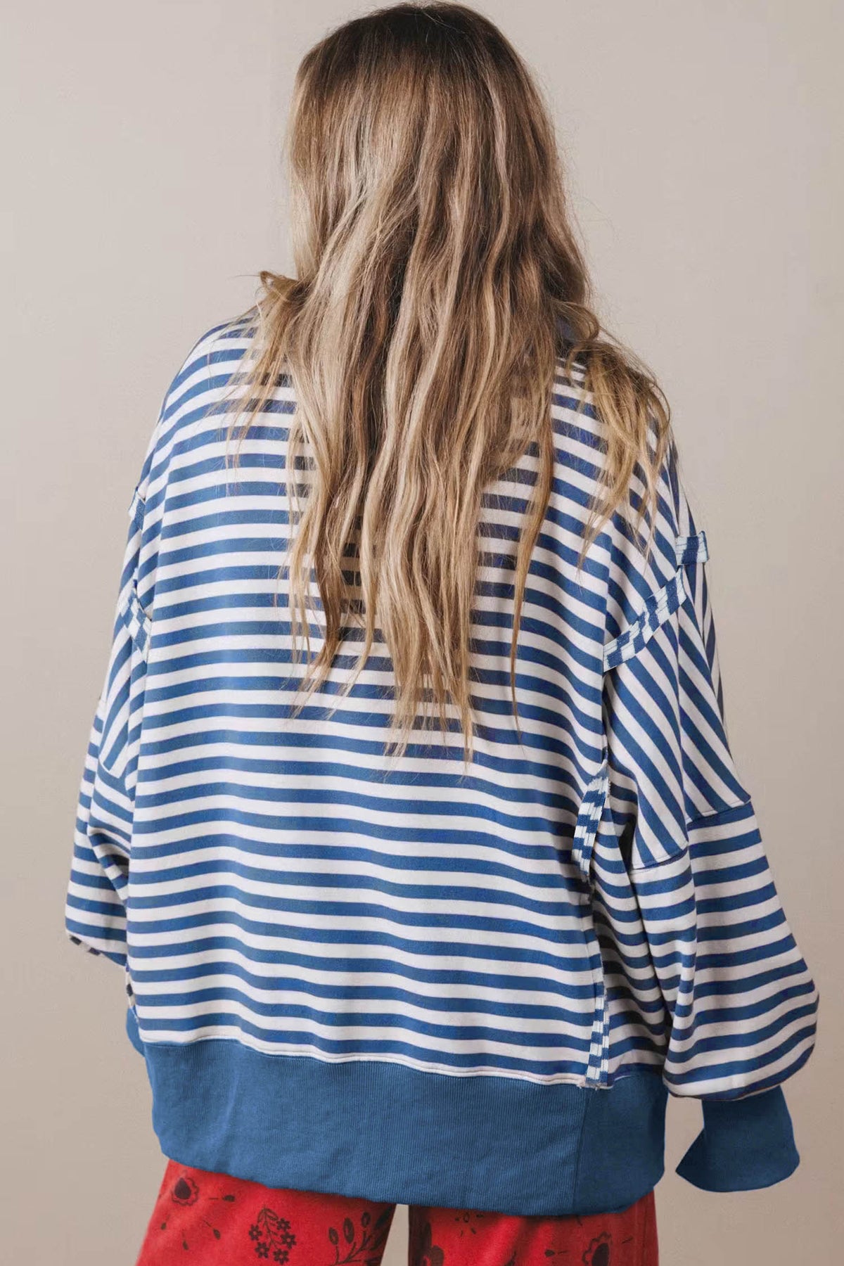 Brown Stripe Color Block Trim Raw Seam Split Hem Loose Pullover Sweatshirt