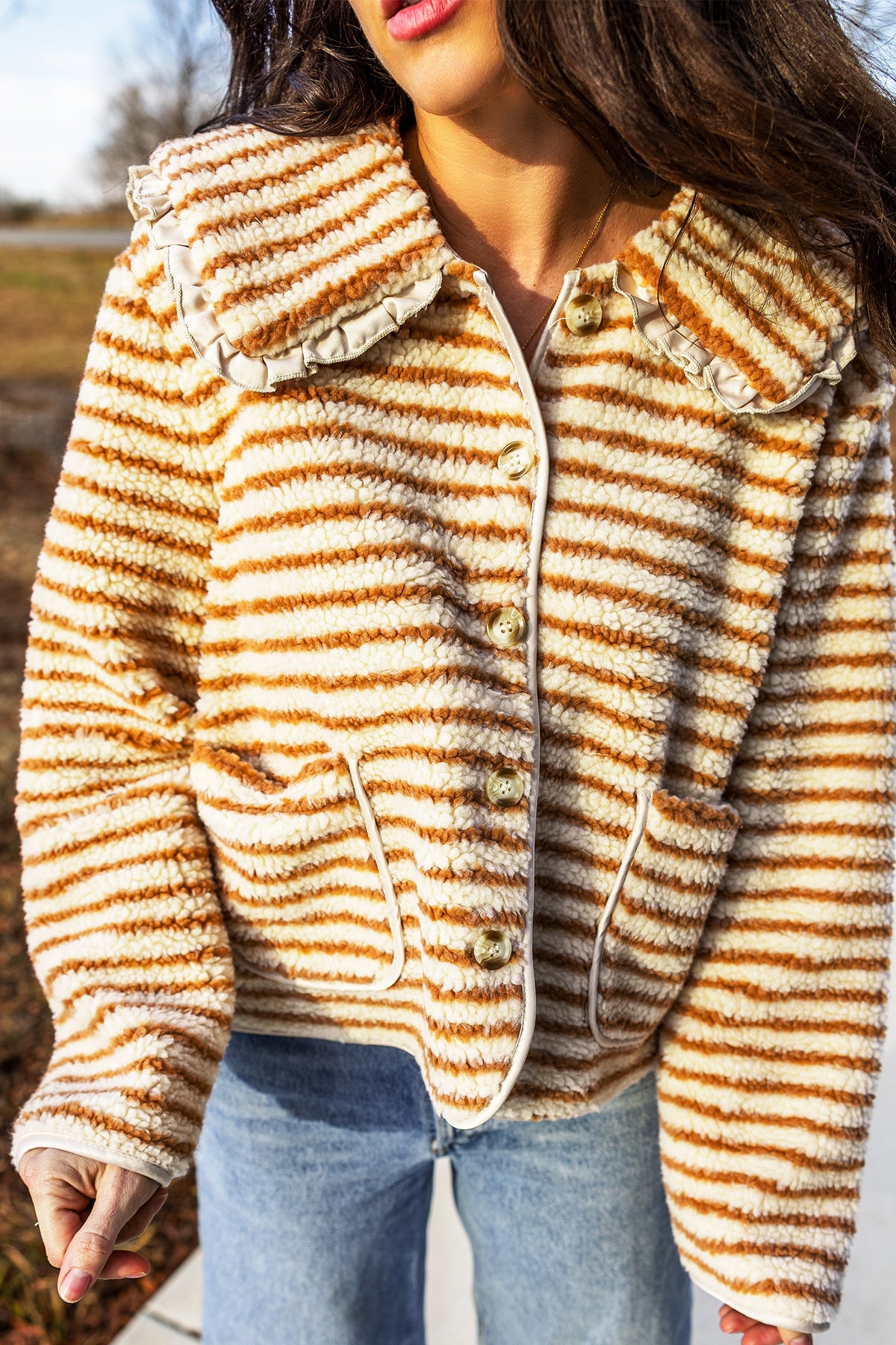 Brown Striped Fleece Jacket with Ruffled Collar