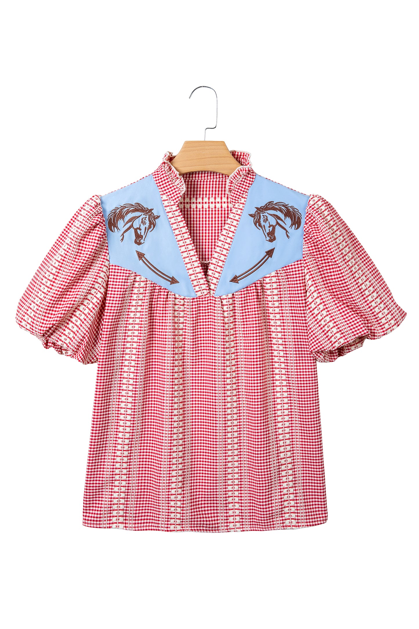 Brown Western Pony Embroidered Yoke Puff Sleeve Gingham Blouse