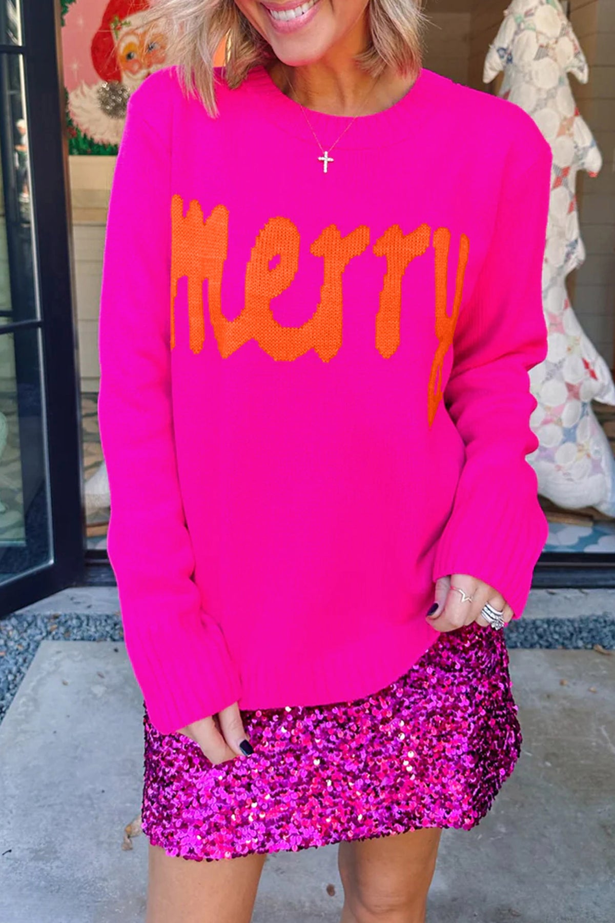 Merry Print Ribbed-Trim Sweater