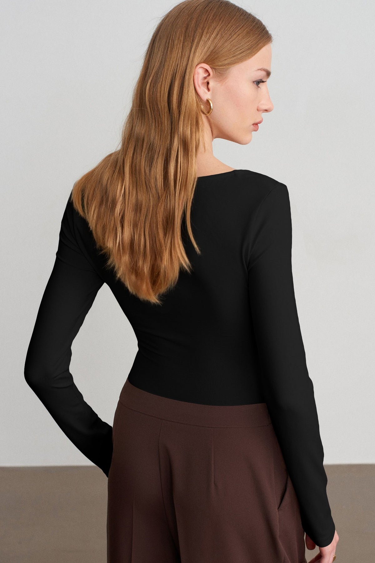 V-Neck Long-Sleeve Top with Built-In Bra