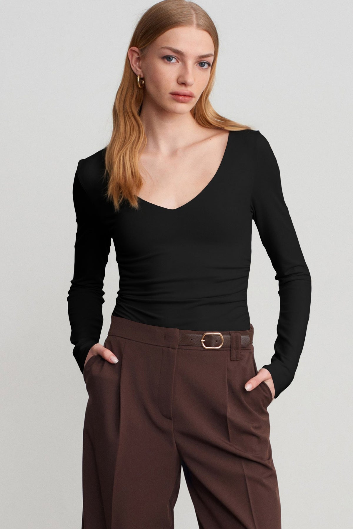 V-Neck Long-Sleeve Top with Built-In Bra